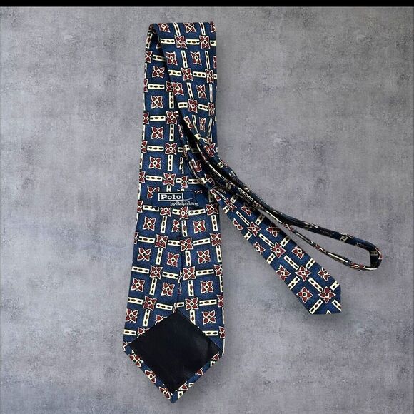 Vintage Polo Ralph Lauren Geometric Silk Tie Blue Red Yellow Pattern Men - Picture 2 of 2